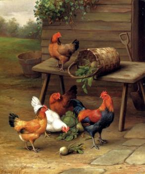 Edgar Hunt : Poultry In A Barnyard